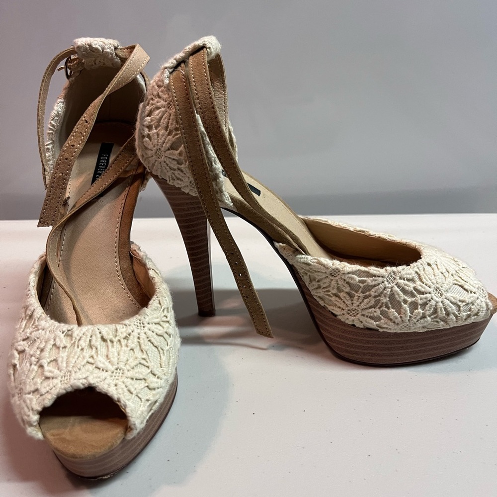 Forever 21 Cream Lace Platform Heels